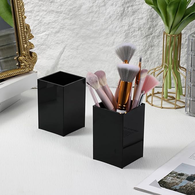 10 Pcs Acrylic Pen Holder Bulk, Black Pencil Holder for Desk Acrylic Makeup Brush Holders 2.6 x 2.6 x 4 Inch Pen Organizer Cup for Office School Home Supplies