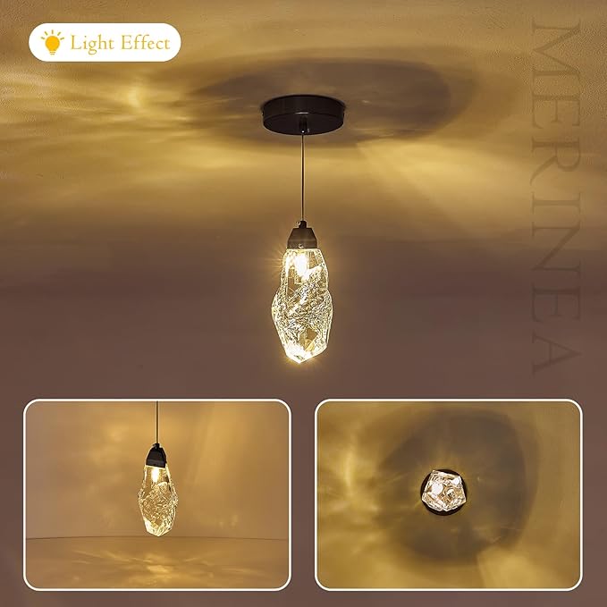 Black Crystal Pendant Light, Modern Mini Hanging Ceiling Light with Prism Crystals, LED Compatible Small Chandelier for Kitchen Island, Bathroom, Bedroom, Bar