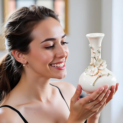 MTME Porcelain vase with Flowers, Plum Blossom, Memorabilia, Wedding Gifts, Aesthetic Sculpture Home décor (White)