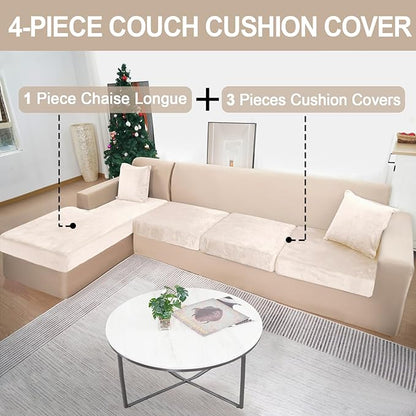 Sectional Couch Covers for 4-Piece Seat Cushion Velvet Separate L Shape Couch Cover Stretch Sofa Slipcover with 2 Pieces Pillowcases Furniture Protector (Sofa 3 Seater + 1 Chaise, Beige)