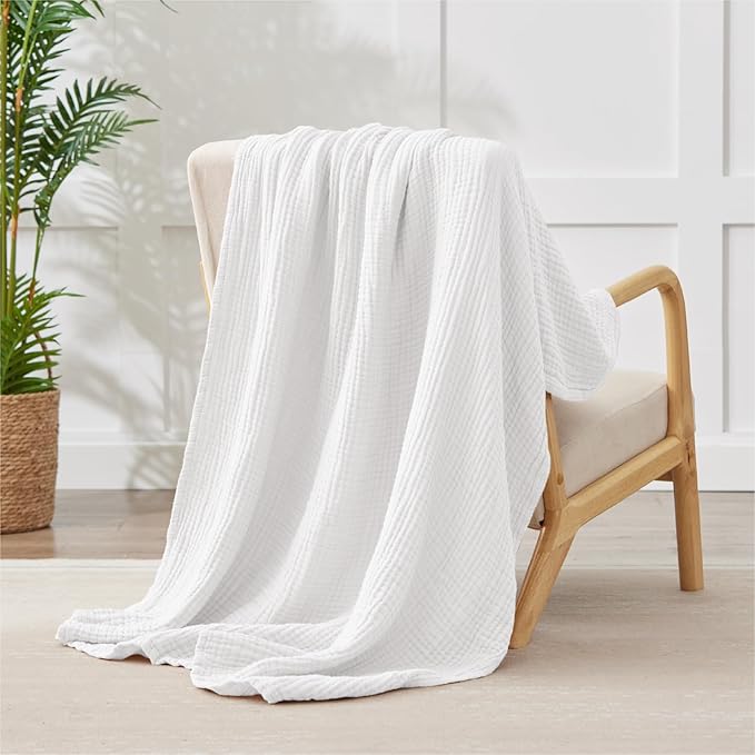 100% Cotton Muslin Blanket 50" x 60", Breathable and Lightweight Cotton Throw Blankets for Couch, Soft Cooling Summer Gauze Blanket for Adults All Season, White