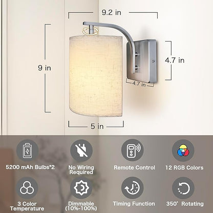 Wireless Wall Sconces Set of 2, Rechargeable Battery Operated Wall Lights with Remote, Dimmable Magnetic LED Bulbs,12 RGB Colors and Timer, Cordless Sconces for Bedroom Living Room (Silver)