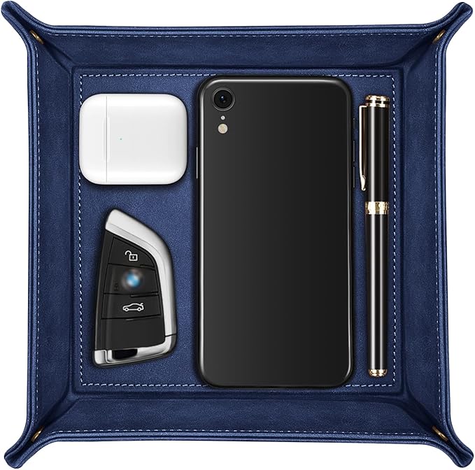 SITHON Valet Tray Desktop Storage Organizer – Premium PU Leather Catchall Bedside Vanity Tray Nightstand Caddy Holder for Remote Controller, Keys, Phone, Wallet, Coin, Jewelry, Dark Blue
