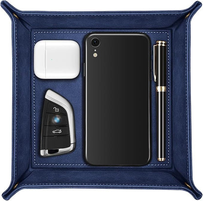 SITHON Valet Tray Desktop Storage Organizer – Premium PU Leather Catchall Bedside Vanity Tray Nightstand Caddy Holder for Remote Controller, Keys, Phone, Wallet, Coin, Jewelry, Dark Blue