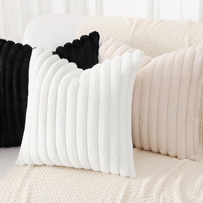 decorUhome Faux Fur Spring Throw Pillow Covers 20x20 Set of 2, Decorative Soft Plush Striped Neutral Couch Pillow Covers with Velvet Back for Sofa, Bed, Living Room Home, Black