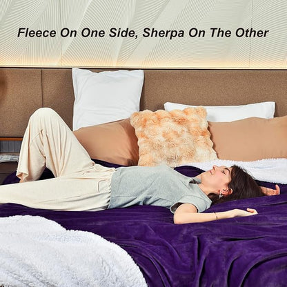 KAWAHOME Sherpa Fleece Queen Size Blanket for Bed - Extra Warm and Heavy Thick Blankets for Winter, Super Soft 500GSM Plush Blanket, 90"X 90" Purple