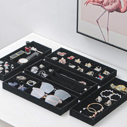 2Pcs Desk Drawer Storage Tray, Nightstand Organizer Tray, Necklace Bracelet Ring Earring Jewelry Display Tray, Grid Table Organizer Holder Tray for Sunglass, Phone, Watch, Perfume (6 grid)/Black
