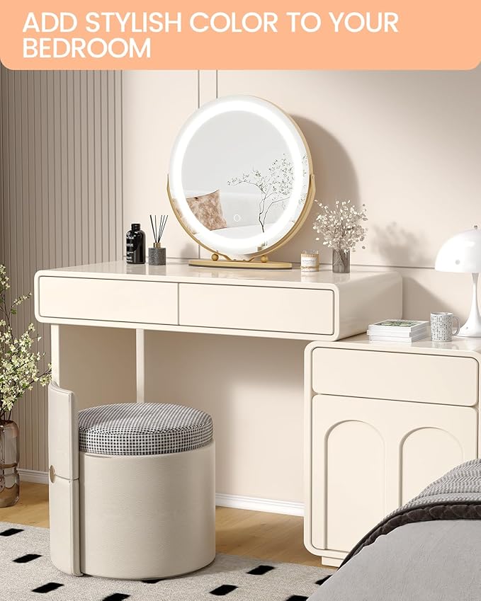 Vanity Mirror with Led Lights, 19 Inches Touch Control 3 Color 2024 New Dimmable Makeup Mirror, 360°Rotation Round Desk Mirror, Easy to Assemble (Gold)