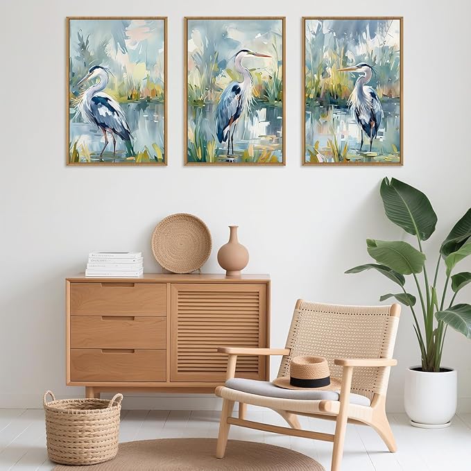 HLNIUC Great Blue Heron Wall Art Set of 3, Watercolor Coastal Bird Wall Decor(16x24), Wildlife Animal Illustrations Canvas Painting, Modern Boho Nature Avian Art Prints for Living Room,Bedroom, Office