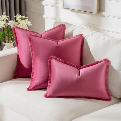 FUTEI Hot Pink Velvet Decorative Throw Pillow Covers 24x24 Set of 2,Soft Cozy Edge with Tassels European Cushion Case,Boho Modern Home Decor for Couch Bed Living Room