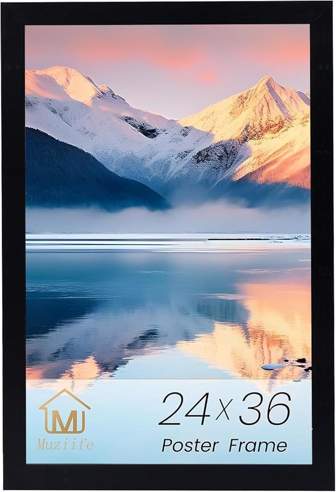 Muzilife 24×36" Black Poster Frame 1 Pack, Engineered Wood Movie Poster Picture Frames with HD Plexiglass Cover and Hanging Hardware for Horizontal or Vertical, Large