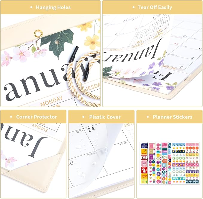 Ospelelf Desk Calendar 2026-2027 Wall Monthly Planner 12"x17" Leather Pad with Protective Cover 18 Months January 2026 - June 2027 White Floral
