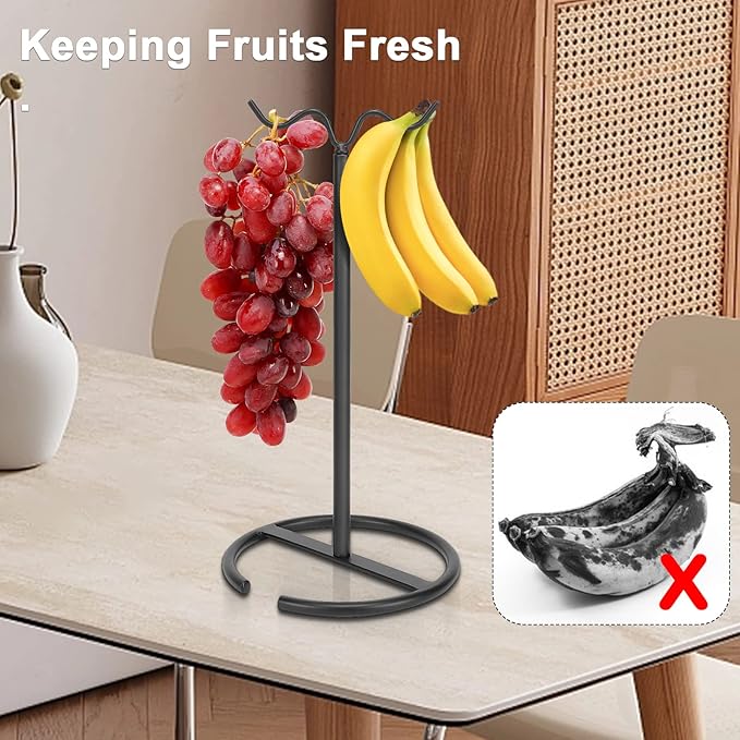 Double Hooks Standing Banana Holder, Banana Hanger Tree Stand Hook for Kitchen Countertop, Sturdy and Balanced Fruit Shelves with Storage on Both Sides.(Black)