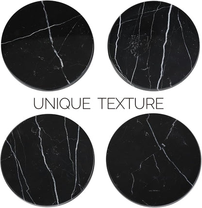 Koville Marble Coaster Set of 4, Round Coasters, 4" Stone Coaster for Drinks Coffee, White Marble Coasters for Coffee Table Home Bar Decor, Heat Resistant, Gift Choice(Black)