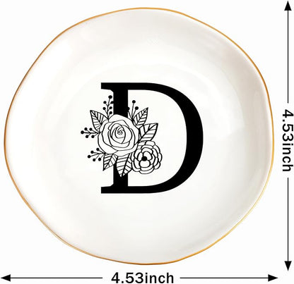 JoycuFF Initial D Ceramic Jewelry Tray, Bridesmaid Bride Gifts, Mothers Day Christmas Anniversary Engagement Birthday Gifts for Women Couples, Trinket Dish for Rings Earrings Necklaces Bracelets Keys