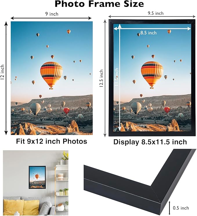 9x12 Black Picture Frame Set of 2, Horizontal and Vertical Formats for Wall Hanging, 9 x 12 Wall Gallery Poster Photo Frames with Shatter Resistant Plexiglass, 2 Pack, Black