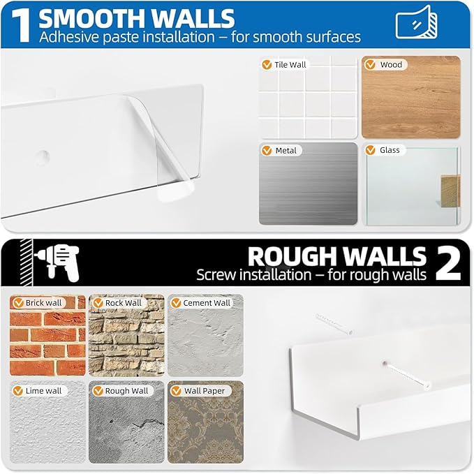 Albumgit 4 Pack Acrylic Shelves for Wall Storage, Self-Adhesive 15" White Floating Shelf for Pop Figures, Picture, Perfume, Books, Wall Shelf Organizer for Bathroom, Living Room, Bedroom, Kitchen