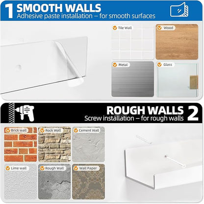 Albumgit 4 Pack Acrylic Shelves for Wall Storage, Self-Adhesive 15" White Floating Shelf for Pop Figures, Picture, Perfume, Books, Wall Shelf Organizer for Bathroom, Living Room, Bedroom, Kitchen