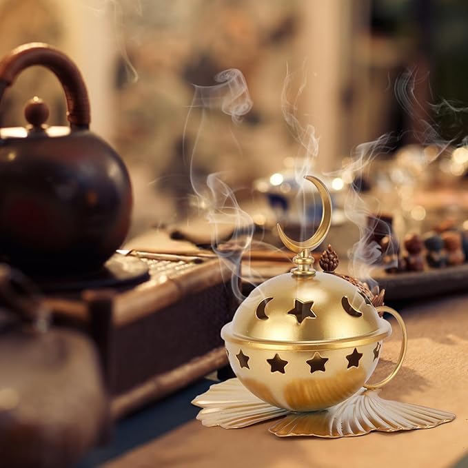 Incense Burner Metal Cones Incense Holder with Handle for Yoga, Spa Aromatherapy Golden Censer