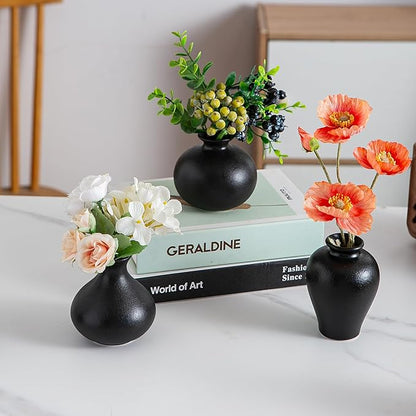 Black Ceramic Bud Vase Set of 5, Mini Vases for Flowers, Decorative Small Vases for Home Decor, Boho Wedding Centerpieces, Living Room, Dining Table & Shelf Decor