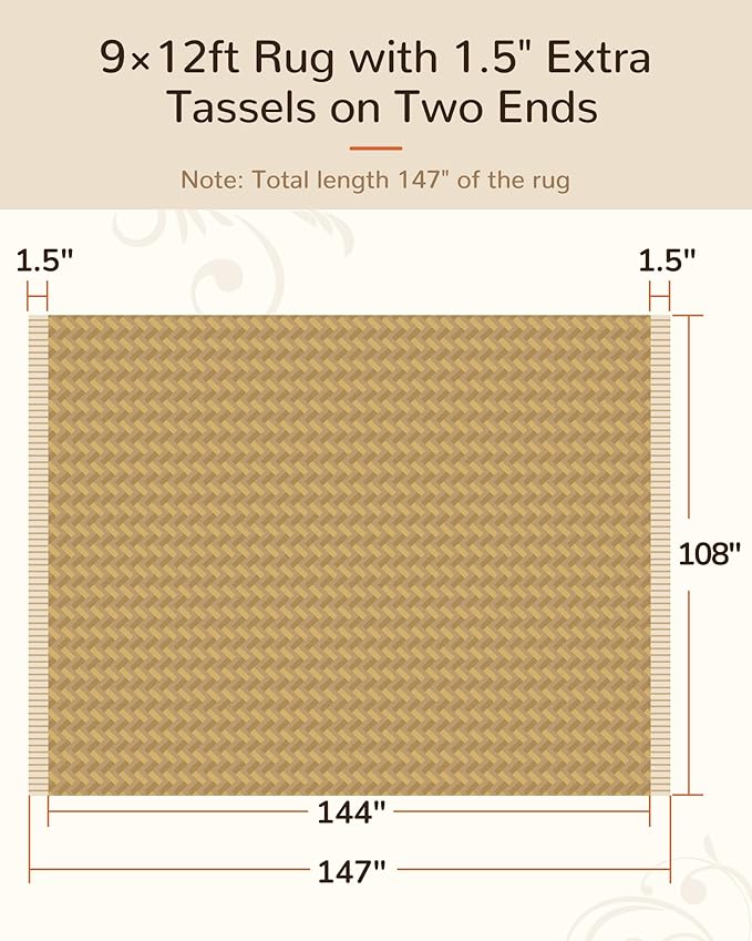 BESTSWEETIE 9x12 Washable Rug Hand-Woven Low Pile Soft Modern Farmhouse Bohemian Decor Reversible Braided Rugs with Tassels Throw Carpet for Living Room Bedroom Entryway Bathroom, Natural Jute