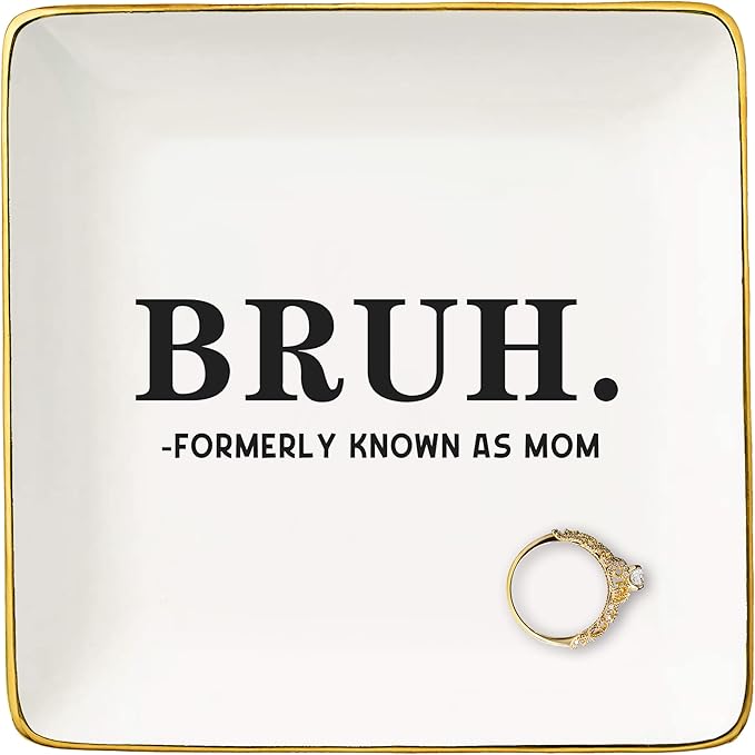 NZY Mothers Day,Birthday,Thanksgiving,Christmas Gift for Mother, Funny Mum Gift from Daughter Son-Ceramic Jewelry Tray Trinket Holder Ring Dish-Bruh,Formerly Known As Mom