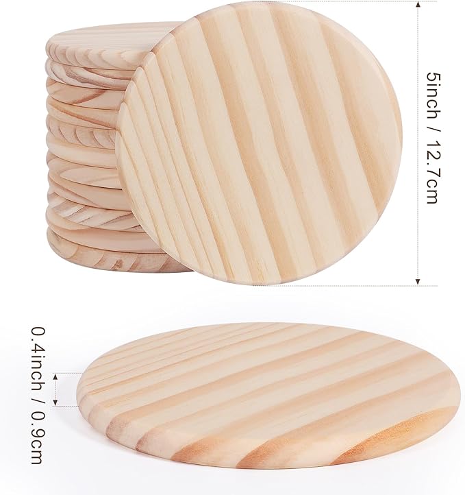 12 PCS 5 Inch Unfinished Wood Coasters, GOH DODD 4 Inch Wooden Blanks with Non-Slip Pads for Laser Engraving Wood Burning Staining Painting Decoupage Housewarming Gifts Wedding Crafts Education, Round