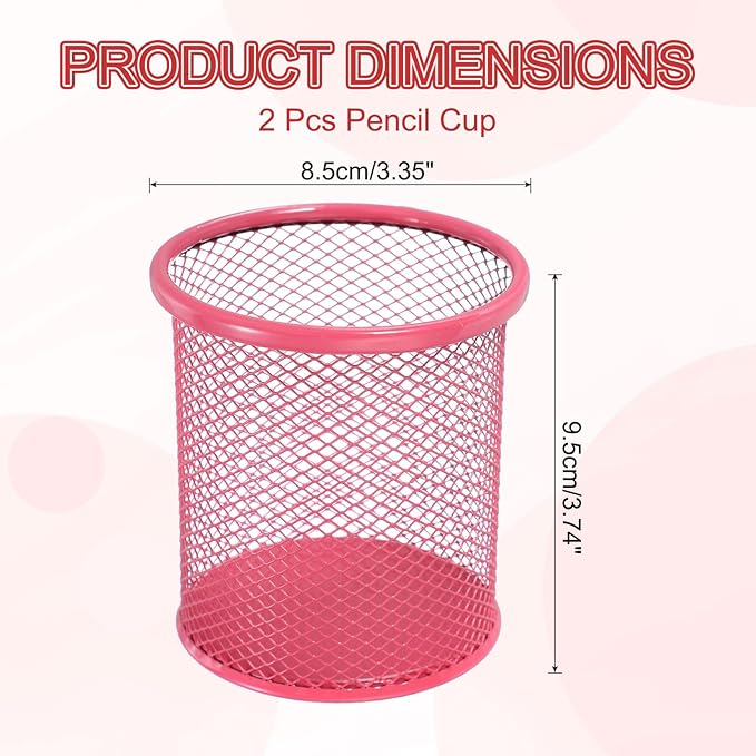 uxcell 2Pcs Mesh Pencil Holder, Metal Pen Cup Desk Organizer Makeup Brush Cup Holder for Home, Office, Classroom(Red)