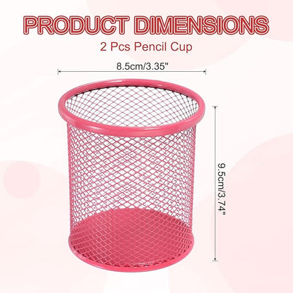 uxcell 2Pcs Mesh Pencil Holder, Metal Pen Cup Desk Organizer Makeup Brush Cup Holder for Home, Office, Classroom(Red)