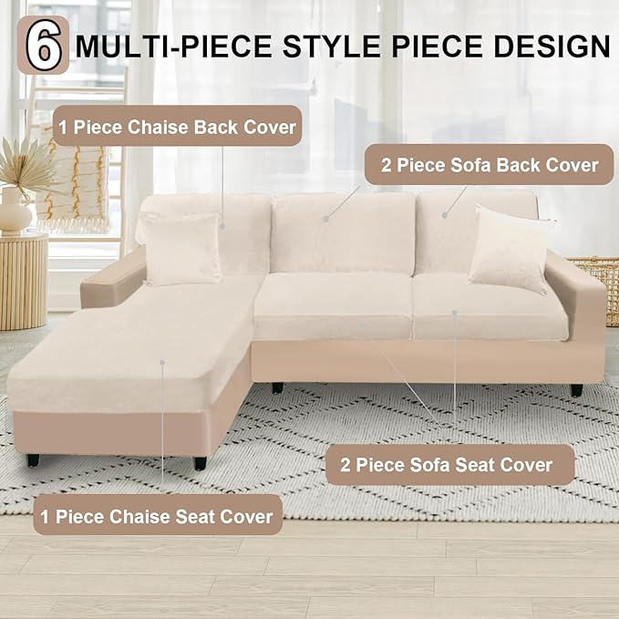 NAISI Sectional Couch Covers 6 Pieces Velvet Couch Cushion Covers L Shape Soft Stretch Sofa Slipcovers with 2pcs Pillowcases for Left/Right Chaise Sectional Couch(2 Seater+1 Chaise+3 Back,Beige)