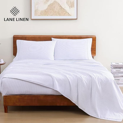 LANE LINEN 100% Organic Cotton Sheet Sets Queen Size, 4Pc Queen Size Cotton Sheets, Hotel Style Sheets, Bedding Sheets & Pillowcases, Queen Sheet Sets Deep Pockets Fits Upto 15" - Blue Ticking Stripe