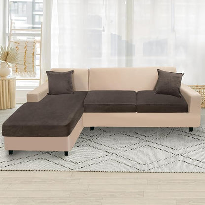 NAISI Sectional Couch Cover 3 Pieces Velvet Separate Couch Cushion Covers L Shape Soft Stretch Sofa Slipcovers with 2pcs Pillowcases for Left/Right Chaise Sectional Couch(2 Seater+1 Chaise,Brown)
