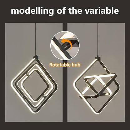 Modern LED Pendant Light Black Pendant Lights 4000K 35W Dimmable External Glow Height Adjustable Pendant Lighting Rectangle Chandelier for Kitchen Island Dining Room Bedroom Foyer（3-Ring）
