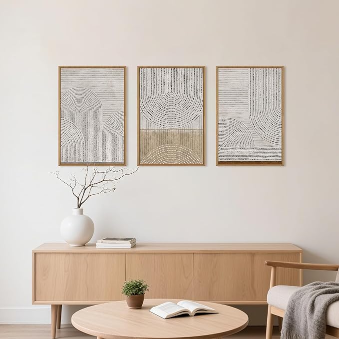 Aryroi Large Neutral Spiral Circles Framed Canvas Wall Art,Boho Beige Geometric Wall Decor,Modern Abstract Arch Artwork,Mid Century Minimalist Art Print for Living Room,Bedroom,Office- 24"x36"x3