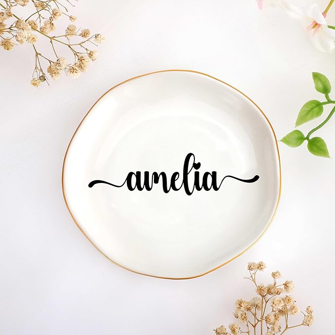 JoycuFF Amelia Personalized Name Ceramic Jewelry Tray, Mothers Day Christmas Anniversary Engagement Birthday Gifts for Women Couples, Trinket Dish for Rings Earrings Necklaces Bracelets Keys