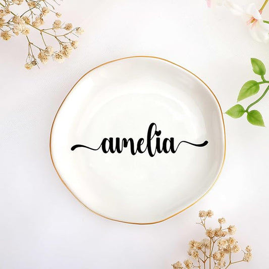 JoycuFF Amelia Personalized Name Ceramic Jewelry Tray, Mothers Day Christmas Anniversary Engagement Birthday Gifts for Women Couples, Trinket Dish for Rings Earrings Necklaces Bracelets Keys