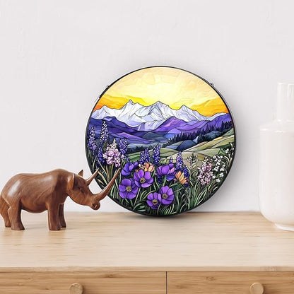 Valley Stained Glass Window Hanging, 7.8" Round Sun Catcher Hand Painted Wall Art Decor with Chain, Unique Housewarming Gifts for Couples, Home