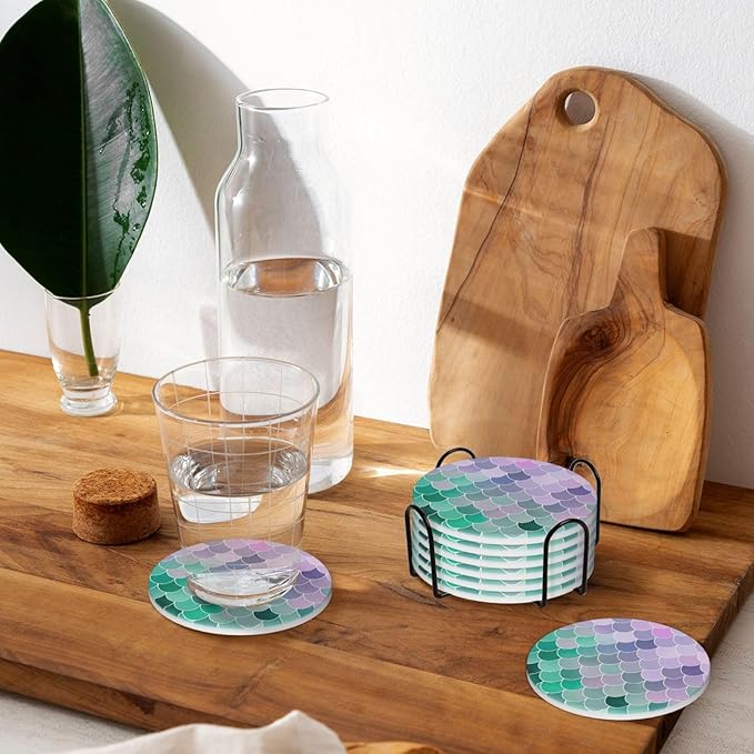 6 Pcs Ceramic Coasters with Holder Absorbent Drink Round Teal Pink Mermaid Fish Scales Design for Home Table Coffee Cup Wine Beer Bar,Size 4.4 inches