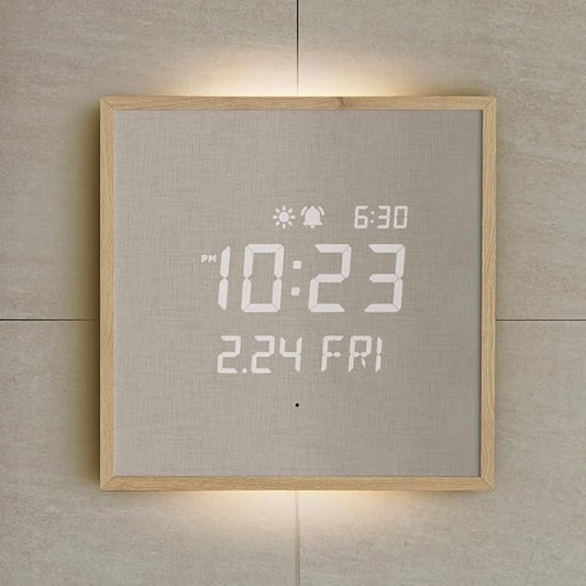mooas Wooden Frame LED Silent Wall Clock with Remote, Backlit Nightlight, Modern Digital LED Wall Clock Display Sunrise Alarm Melody 5 Brightness for Bedroom Living Room (Wooden Frame Light Brown)