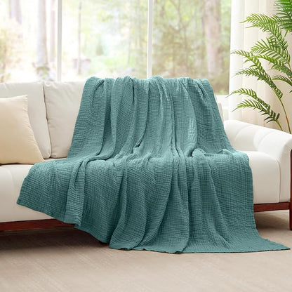 100% Cotton Muslin Blanket Twin 60" x 80", Breathable and Lightweight Cotton Twin Blankets for Couch, Soft Cooling Summer Gauze Blanket for Adults All Season, Teal Blue