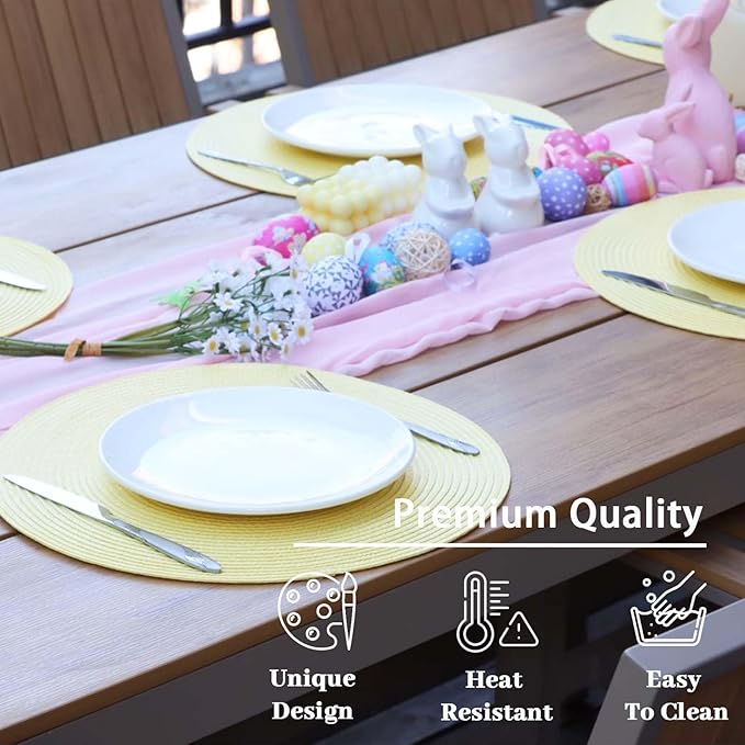 AHHFSMEI Round Braided Placemats 15 Inch Round Table Mats for Dining Tables Natural Woven Heat Resistant Place mats Set of 6 (Light Yellow,6)