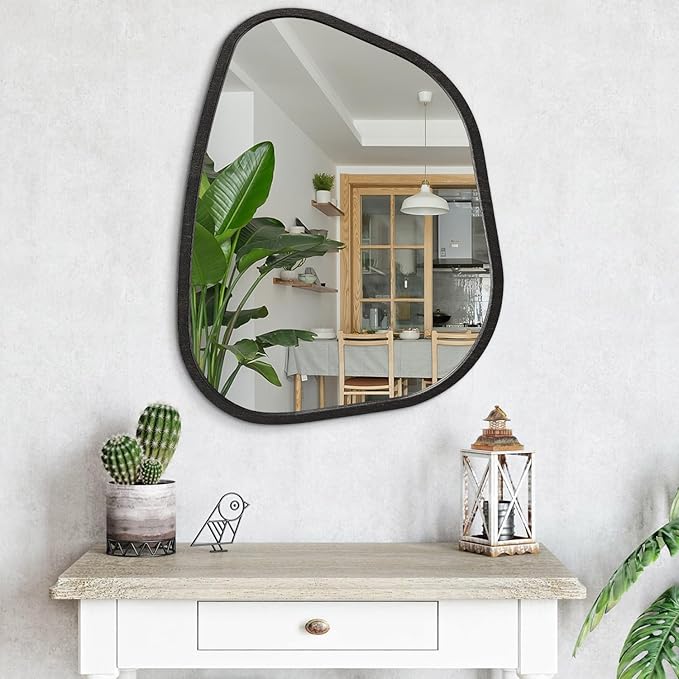 Irregular Wall Mirror Modern Oval Asymmetrical Wooden Framed Unique Hanging Mirror Artistic Wavy Mirror Decor Bathroom Vanity Bedroom Living Room Entryway Hallway 26"x18"