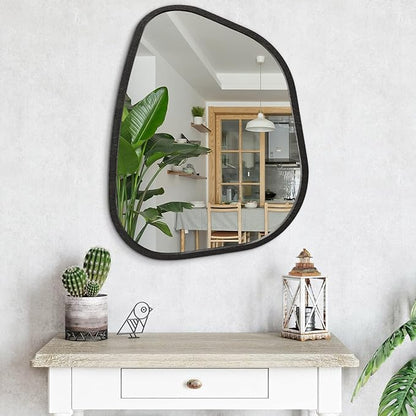 Irregular Wall Mirror Modern Oval Asymmetrical Wooden Framed Unique Hanging Mirror Artistic Wavy Mirror Decor Bathroom Vanity Bedroom Living Room Entryway Hallway 26"x18"