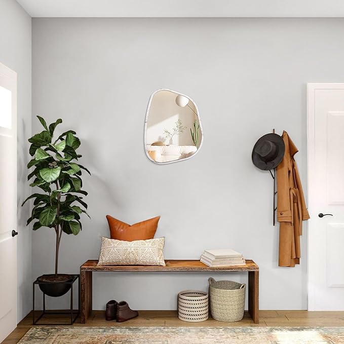 Irregular Wall Mirror Modern Oval Asymmetrical Wooden Framed Unique Hanging Mirror Artistic Wavy Mirror Decor Bathroom Vanity Bedroom Living Room Entryway Hallway Small 14"x10"