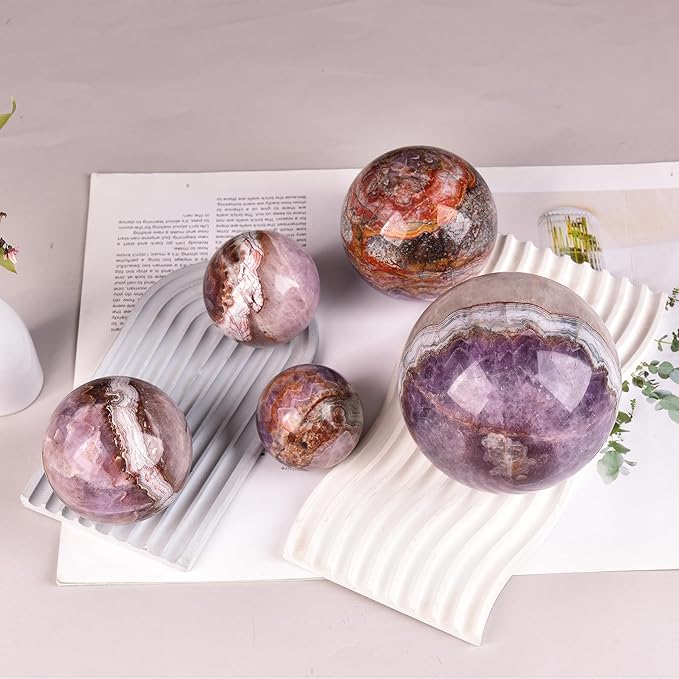 JIC Gem Large Healing Crystal Sphere Ball with Wooden Stand Amethyst Agate Crystal Decorative Ball Meditation Feng Shui Decor 90-100mm