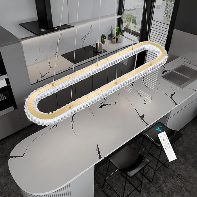LED Oval Ring Chandelier Crystal Pendant Lighting for Dining Table Kitchen Island Remote Dimmable Hanging Light Chandeliers for Entryway Living Room Lights Gold