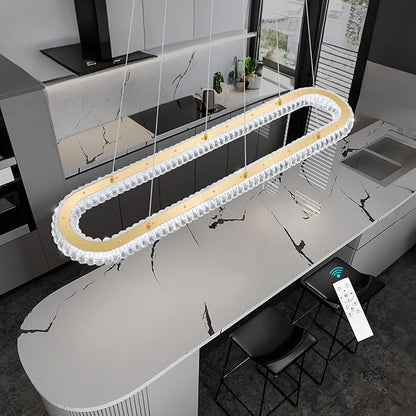 LED Oval Ring Chandelier Crystal Pendant Lighting for Dining Table Kitchen Island Remote Dimmable Hanging Light Chandeliers for Entryway Living Room Lights Gold