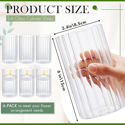 6 Pcs 6 Inch Tall Glass Ribbed Cylinder Vases Clear Floating Candle Flower Vase in Bulk, Hurricane Candle Holder for Wedding Housewarming Gift Table Centerpieces