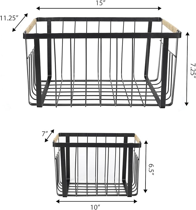 happimess BSK3003A-3SET Henley Vintage Farmhouse Wire Metal Nesting Storage Baskets with Jute Wrapped Handles for Shelves, Cabinets, Pantry, Countertop, Mesh Open Bin Basket, Black (Set of 3)