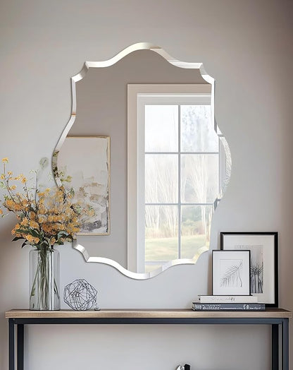 Frameless Scalloped Wall Mirror: Decorative Scallop Oval Mirrored Glass Vanity with Beveled Silver Edge for Bathroom Bedroom Livingroom Dining Room Entryway Hallway, 28 x 20 inch